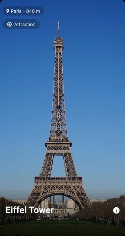 Swipesight discovery card showing the Eiffel Tower